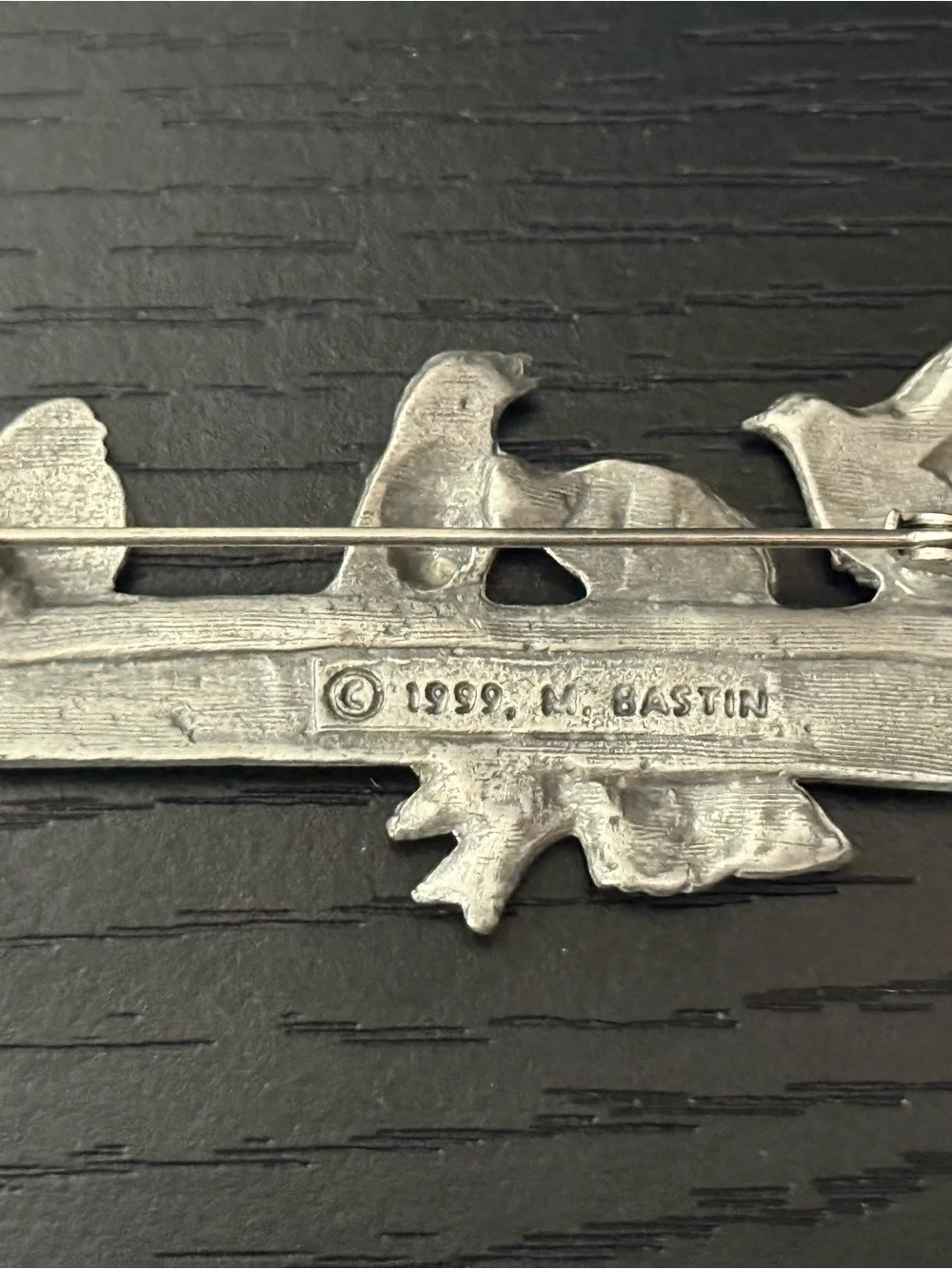 Vintage 1999 Pewter Brooch Titled “Birds at the Feeder” by Marjolein Bastin